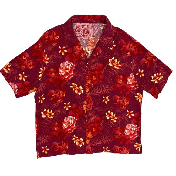 Vintage 1960s Hawaiian Shirt Floral Aloha Red Aloha Shirt XL - Picture 1 of 9
